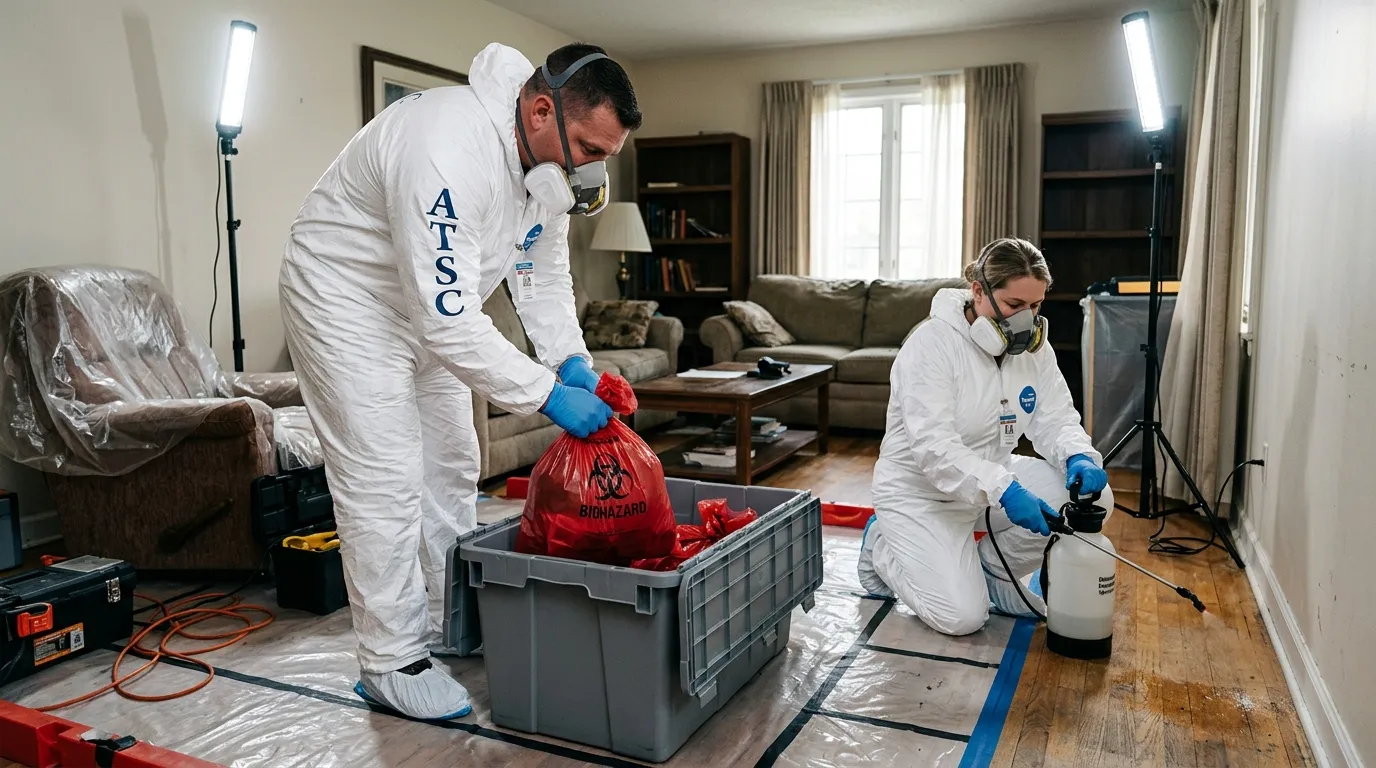 Professional Hazmat Cleanup technician in full PPE working in Manhattan Beach